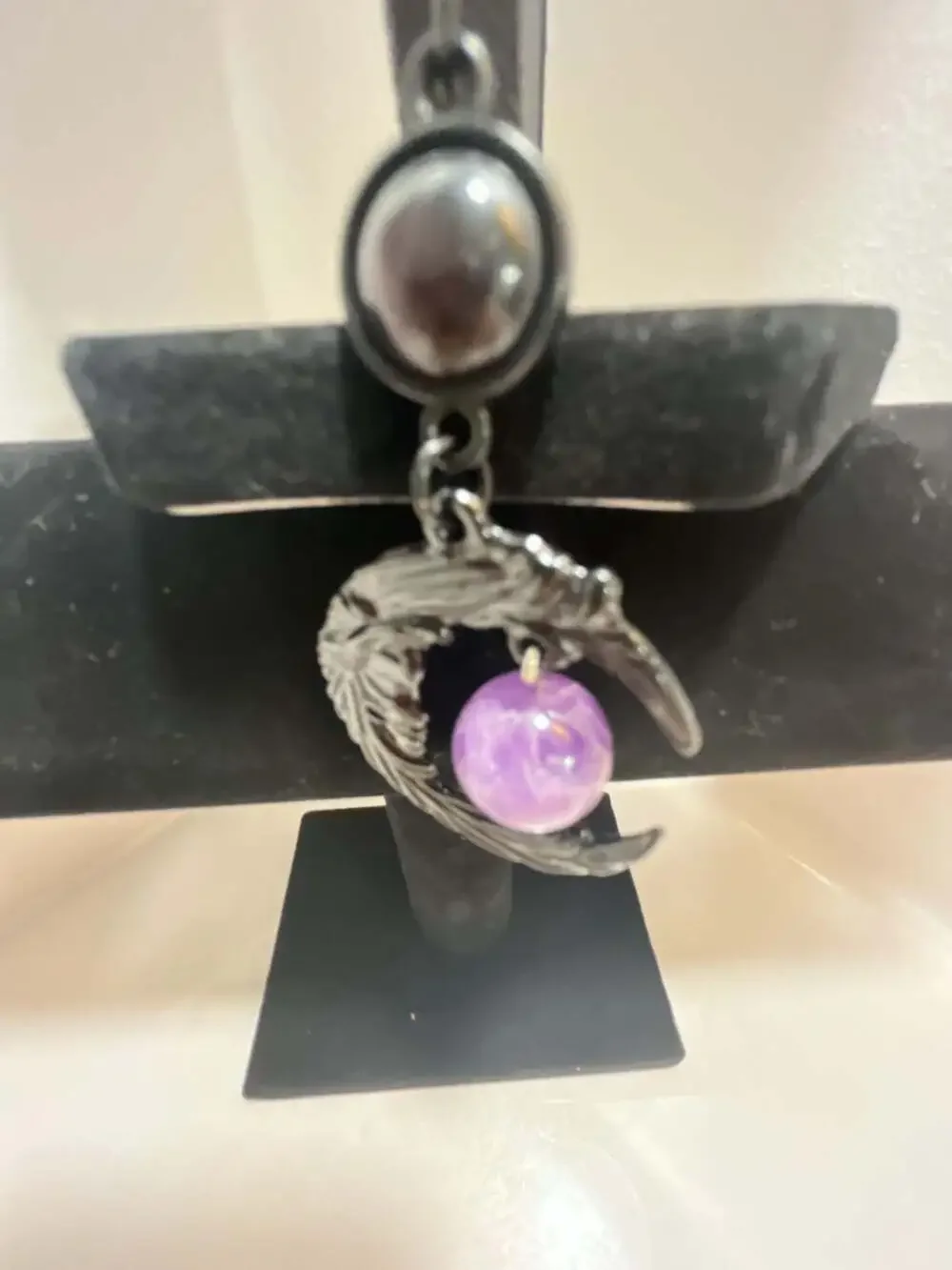 Gothic Black Crescent Moon Pendant Necklace with Purple Bead